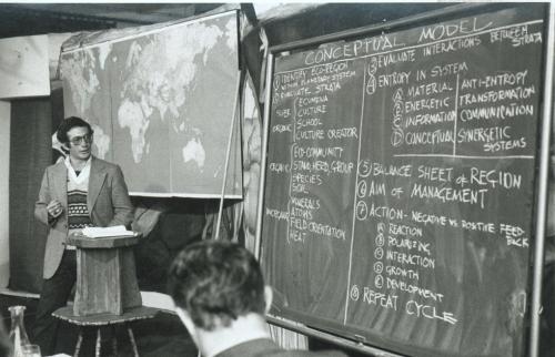 Presenting a conceptual model for ecological management at the 1980 I.E. Planet Earth conference, Les Marronniers, Aix-en-Provence, France.